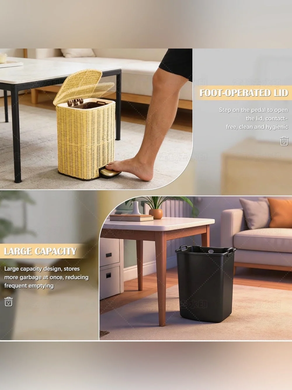 Handwoven Faux Rattan Trash Can Wicker Soft Slow Close Lid, Gold Tone Foot Pedal